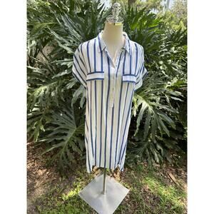 Sfera Basic Button Down Shirt Dress Blue White Stripe Coastal Beach Boho M/L